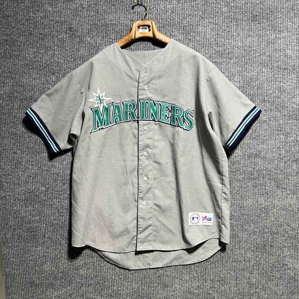 Vintage Majestic Baseball Jersey Mens XL Gray Seattle Mariners MLB Button Up USA